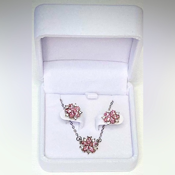Jewelry - Pink Crystal Flower Pendant Necklace and Earring Set